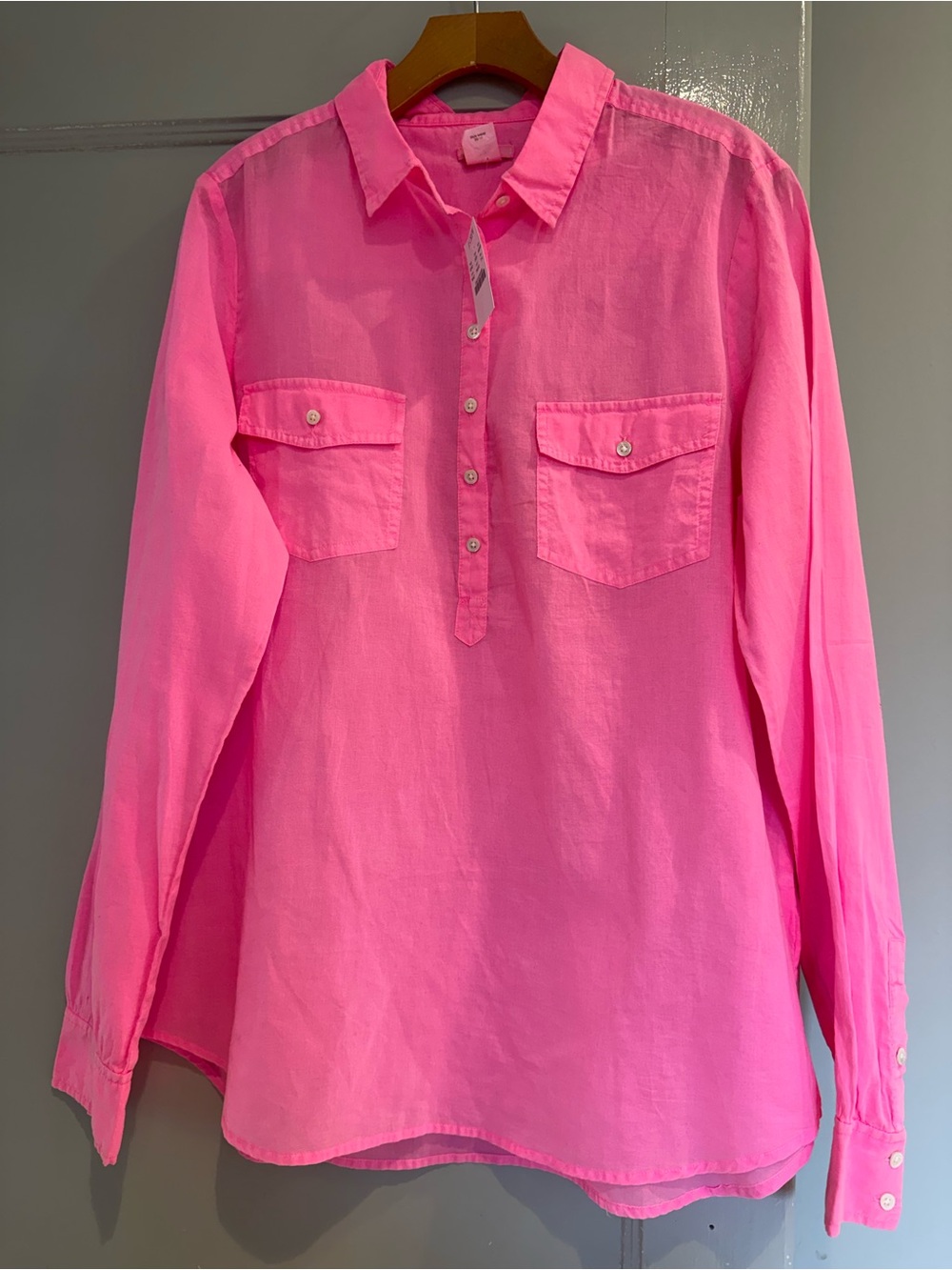 J CREW women’s Neon Azalea Pink Button-Front Long-Sleeve Top Size 14 Tall NWT